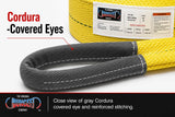 Gray cordura-covered eye with reinforced stitching on yellow lifting sling web