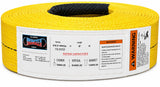 Polyester eye-and-eye lifting sling roll, yellow webbing with black lifting eyes and label