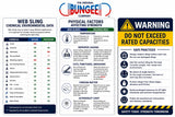 Web sling product information panel with chemical data and warning text