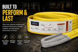 Yellow polyester web sling with white tag and gray cordura-covered eye on folded web