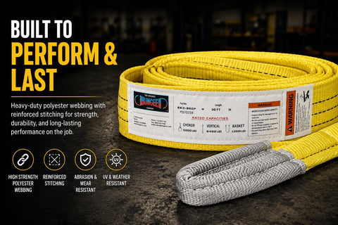 Yellow polyester web sling with white tag and gray cordura-covered eye on folded web
