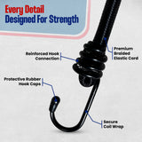 Heavy-duty black bungee cord with reinforced steel hook, protective rubber cap, and secure elastic coil wrap