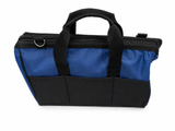 Emergency tow strap storage bag with top handle, blue side panels and black base