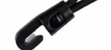 Close-up of black plastic hook latch on braided bungee cord