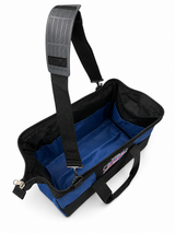 Emergency tow strap storage bag angled open, blue interior with black trim and carrying strap