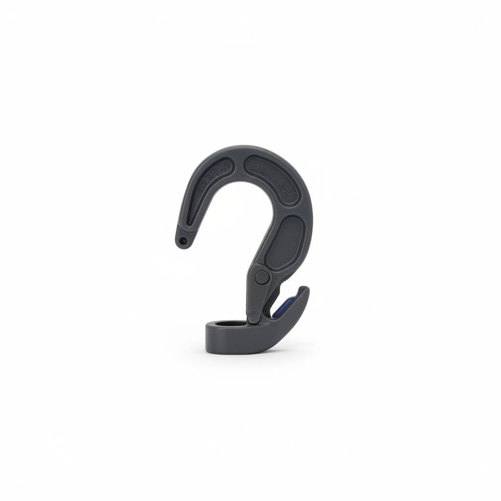 Gray adjustable hook with curved eye, locking latch, and molded base.