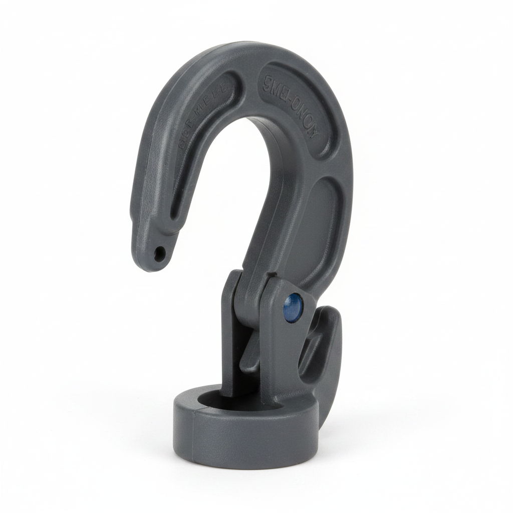 Gray 9mm adjustable hook with rotating latch and blue pin, molded base.