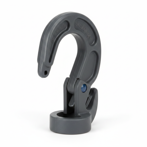 Gray 9mm adjustable hook with rotating latch and blue pin, molded base.