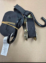 Black ratchet tie-down strap with S-hooks and ratchet mechanism