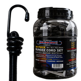 Bungee cord kit packaging jar with bundled black cords and hook