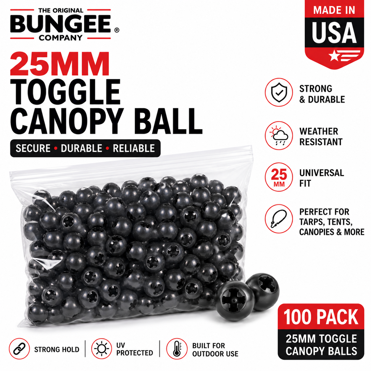 100-pack of black 25mm toggle canopy balls in clear plastic bag