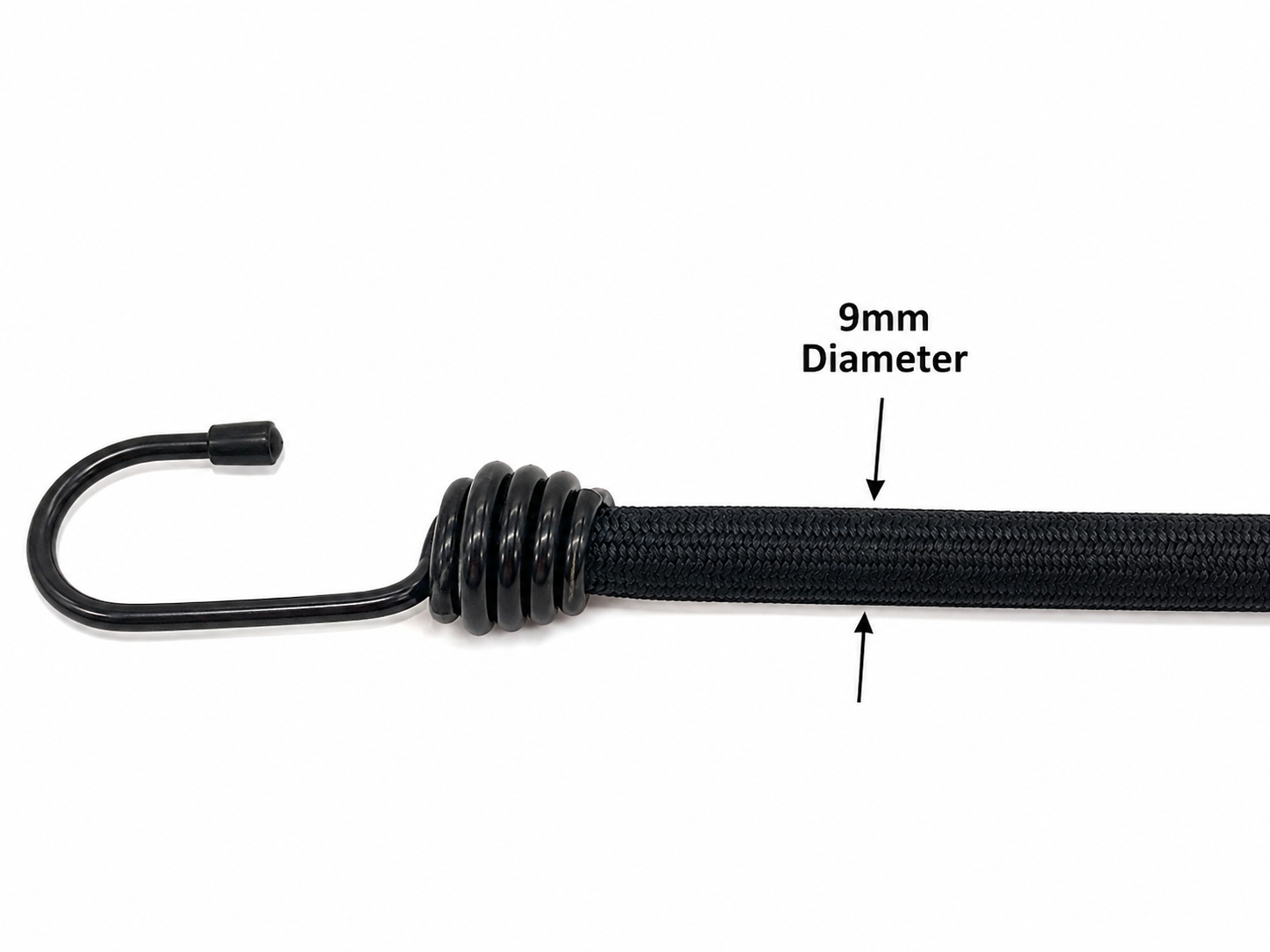 Close-up of 9mm black bungee cord with a plastic-coated steel hook
