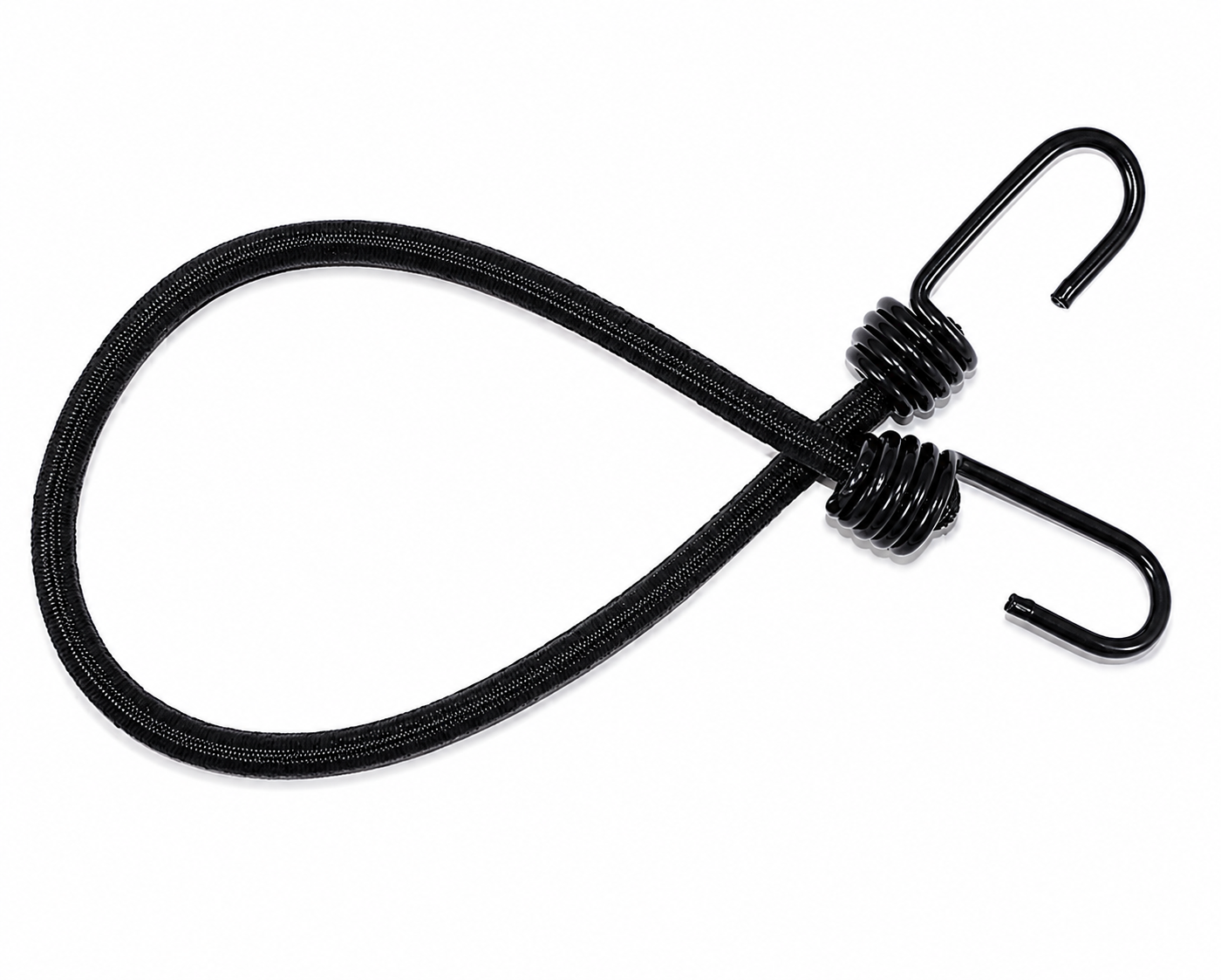 Black heavy-duty bungee cord with two plastic-coated steel hooks on a white background