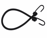 Black heavy-duty bungee cord with two plastic-coated steel hooks on a white background