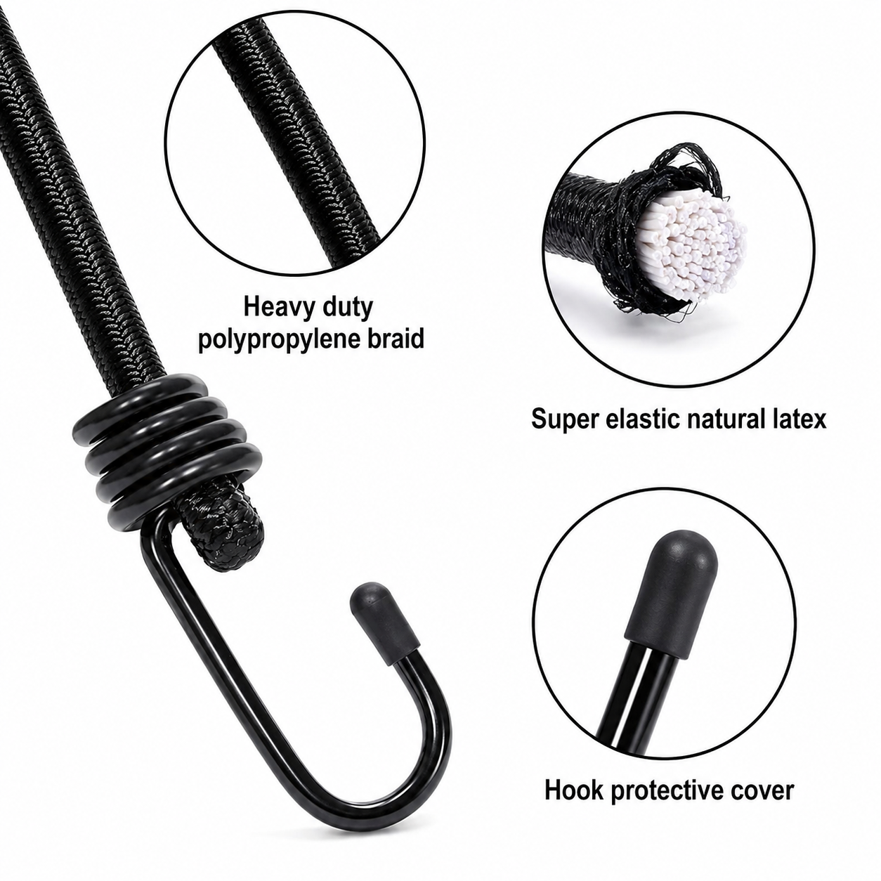 Black bungee cord construction showing braided cover, natural rubber core, and capped hook