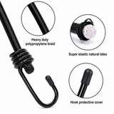 Black bungee cord construction showing braided cover, natural rubber core, and capped hook