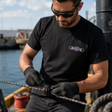Black crewneck T-shirt worn by man outdoors, small chest Bungee logo