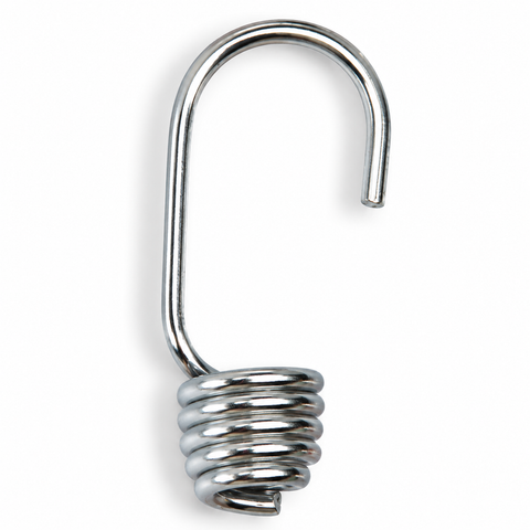Grey stainless steel bungee hook close-up with coiled spring latch