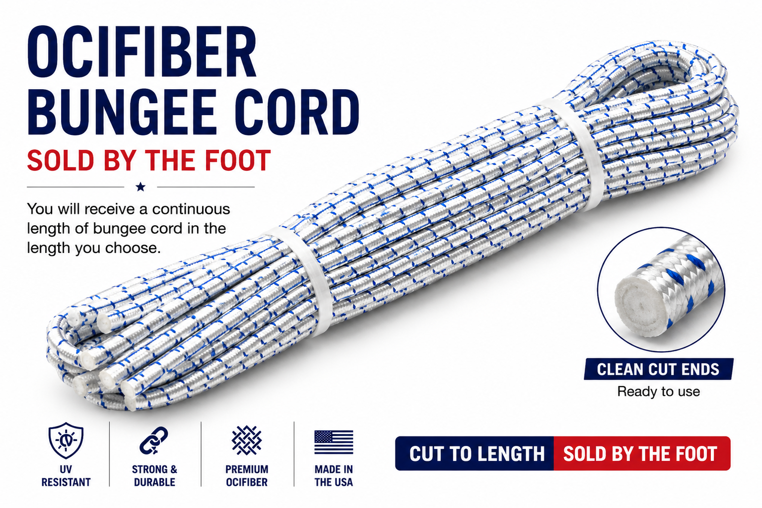 Blue-and-white braided elastic bungee cord bundled on a roll with cut-ready ends