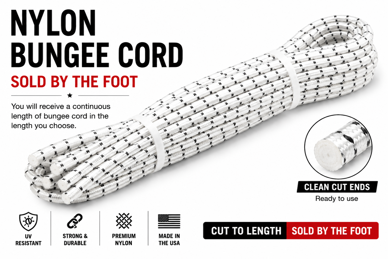 Nylon bungee cord bundle, elastic tie-down line with clean cut ends, sold by the foot