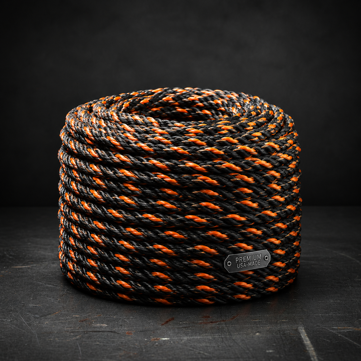 Bungee rope spool with orange-and-black braided elastic cord; premium USA-made label