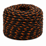Black and orange bungee rope spool, 600 ft wound on wooden core