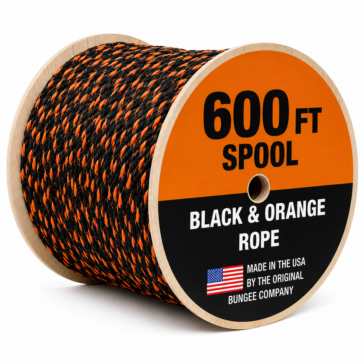 600 ft spool of black and orange bungee rope on wooden reel