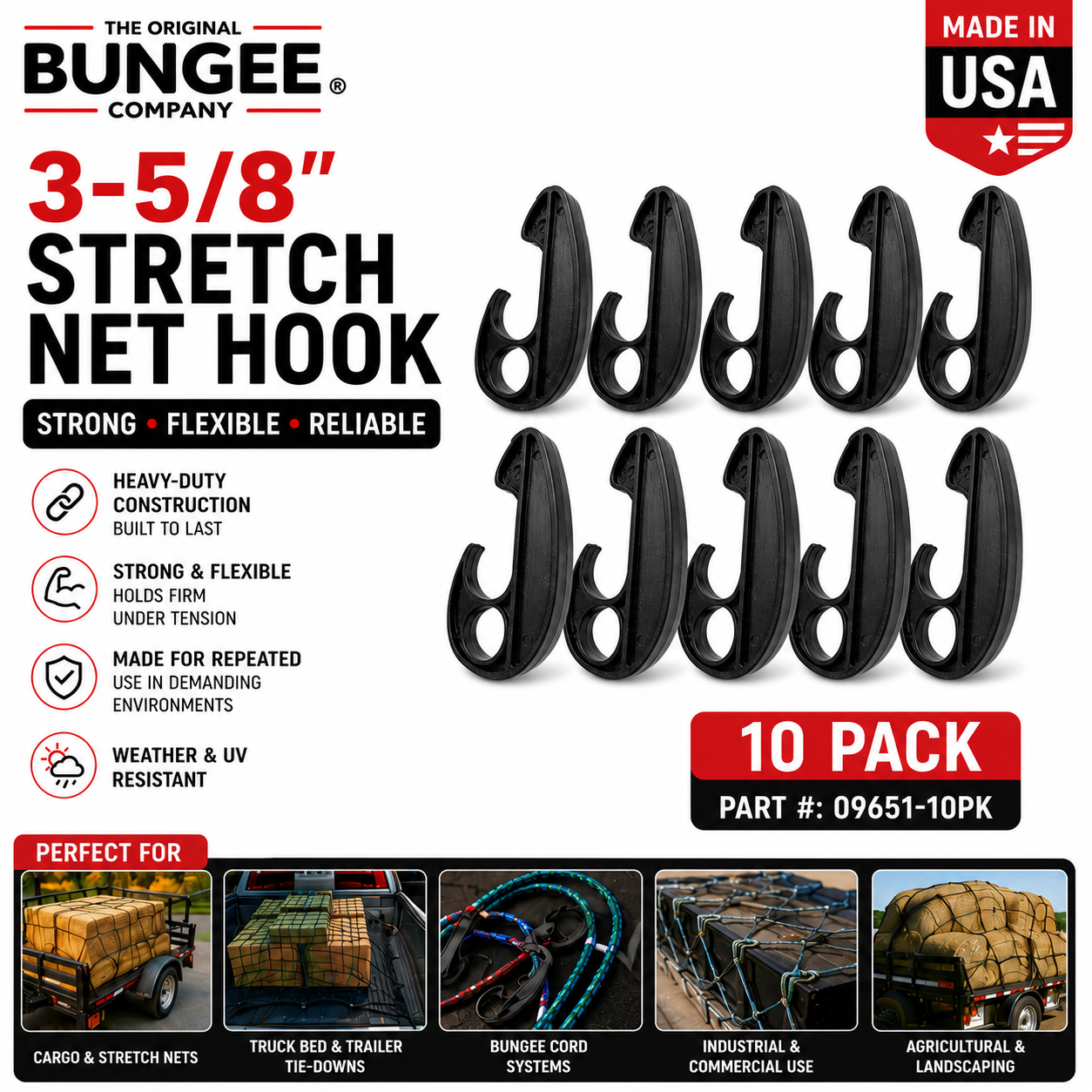 3-5/8 in black stretch net hooks, 10-pack, curved design with circular eye opening