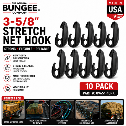 Pack of 10 black 3-5/8 in stretch net hooks, heavy-duty plastic, loop design.