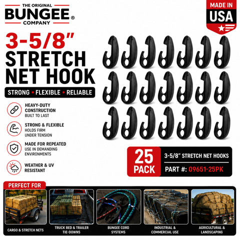 Pack of 25 black 3-5/8 in stretch net hooks, heavy-duty plastic, loop design.
