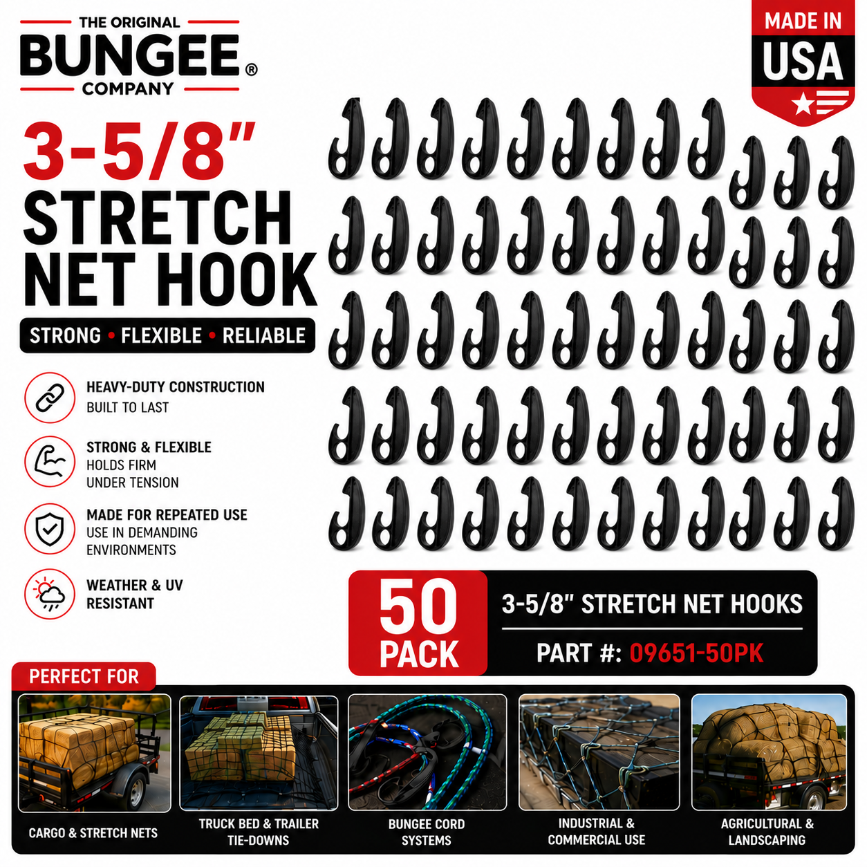 3-5/8 in black stretch net hooks, 50-pack, curved hooks with circular eye openings