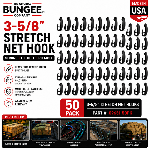 Pack of 50 black 3-5/8 in stretch net hooks, heavy-duty plastic, loop design.