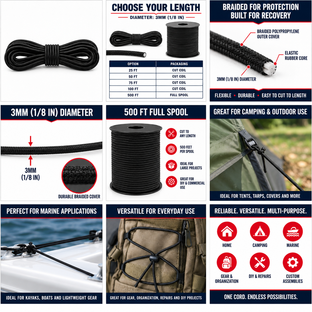 Polypropylene Bungee Cord – Cut Lengths & Spools | Multiple Colors