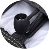 Black trampoline bungee cord with capped end on fabric mat
