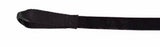 Black webbing end of a bungee strap set with no buckle visible