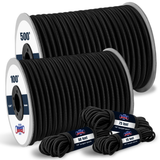 Black bungee cord spools stacked with coiled cord bundles