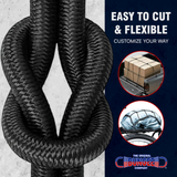 Close-up of black braided bungee cord with textured elastic weave