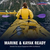 Black bungee cords holding kayak gear with straps and webbing