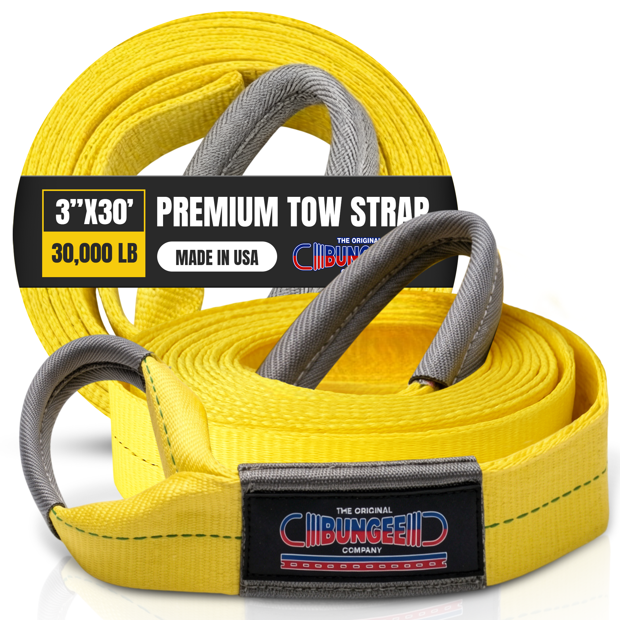 Premium yellow tow strap with gray loops and black CinchBungee label