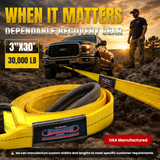 Heavy-duty tow strap bundle with yellow webbing and gray protective loop ends