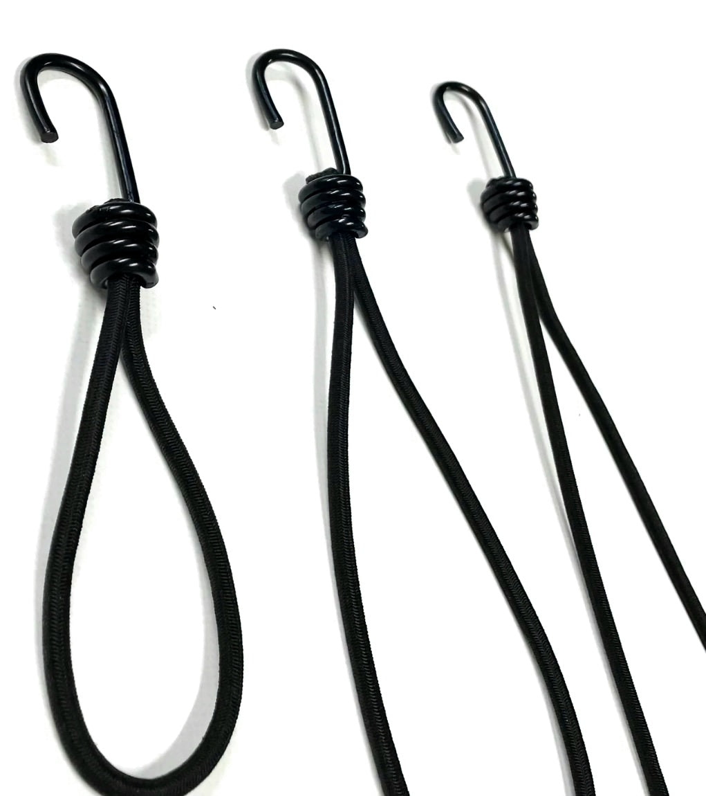 Three bungee cord loops with metal J hooks, dark braided elastic