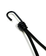 Single bungee cord loop tie-down with metal J hook and dark braided elastic