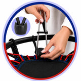 Hands installing black trampoline bungee cords using the included tool