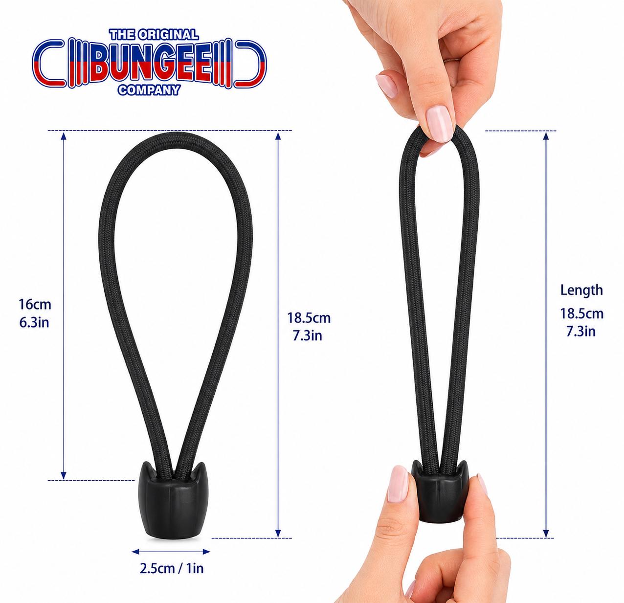Black trampoline bungee cord length shown with measurement diagram