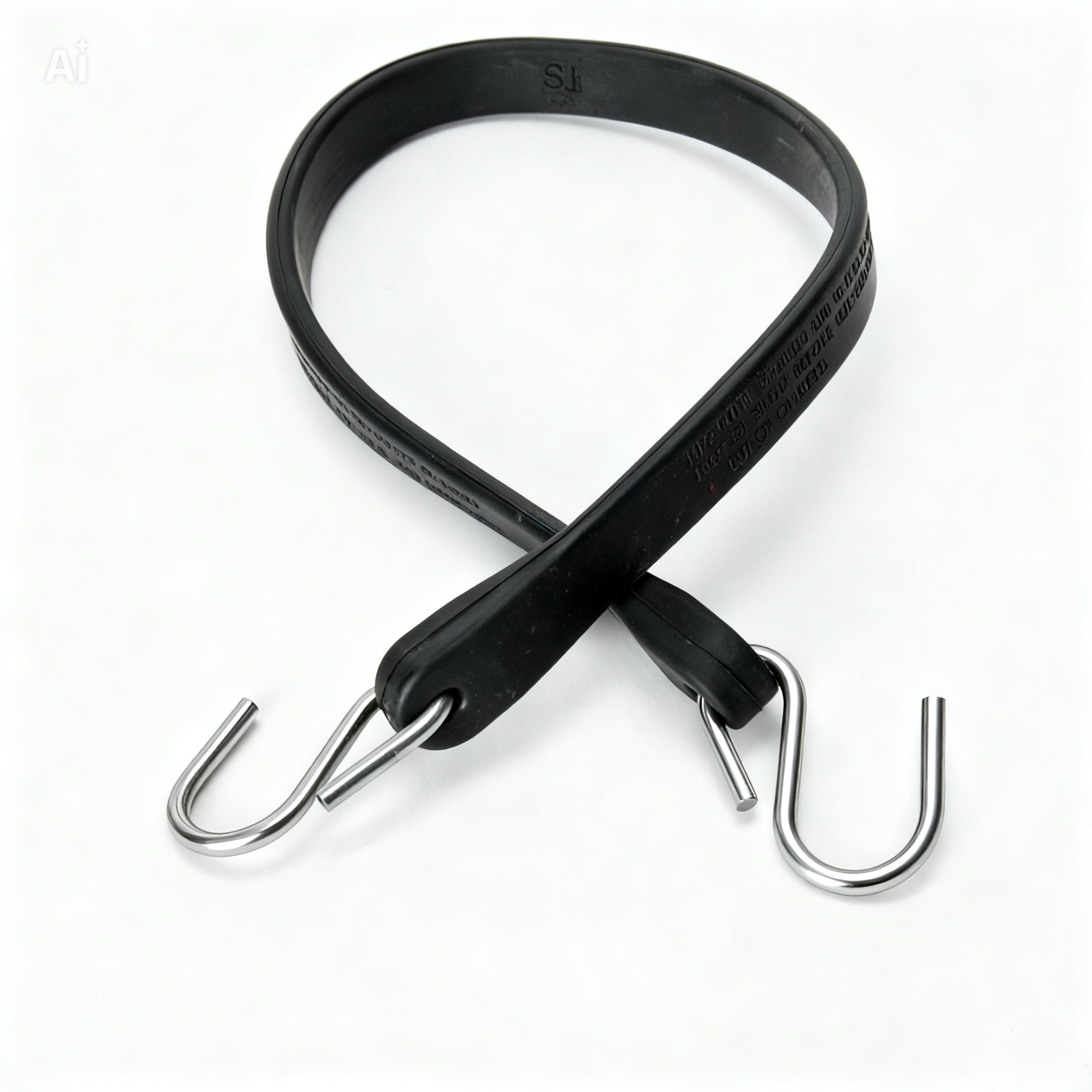 Dark rubber tie-down strap with two metal S hooks and looped ends.