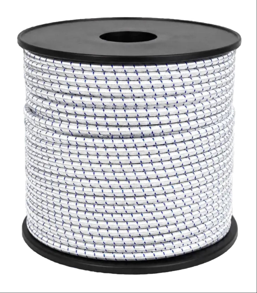Ocifiber bungee cord spool, braided elastic cord, white with blue threads
