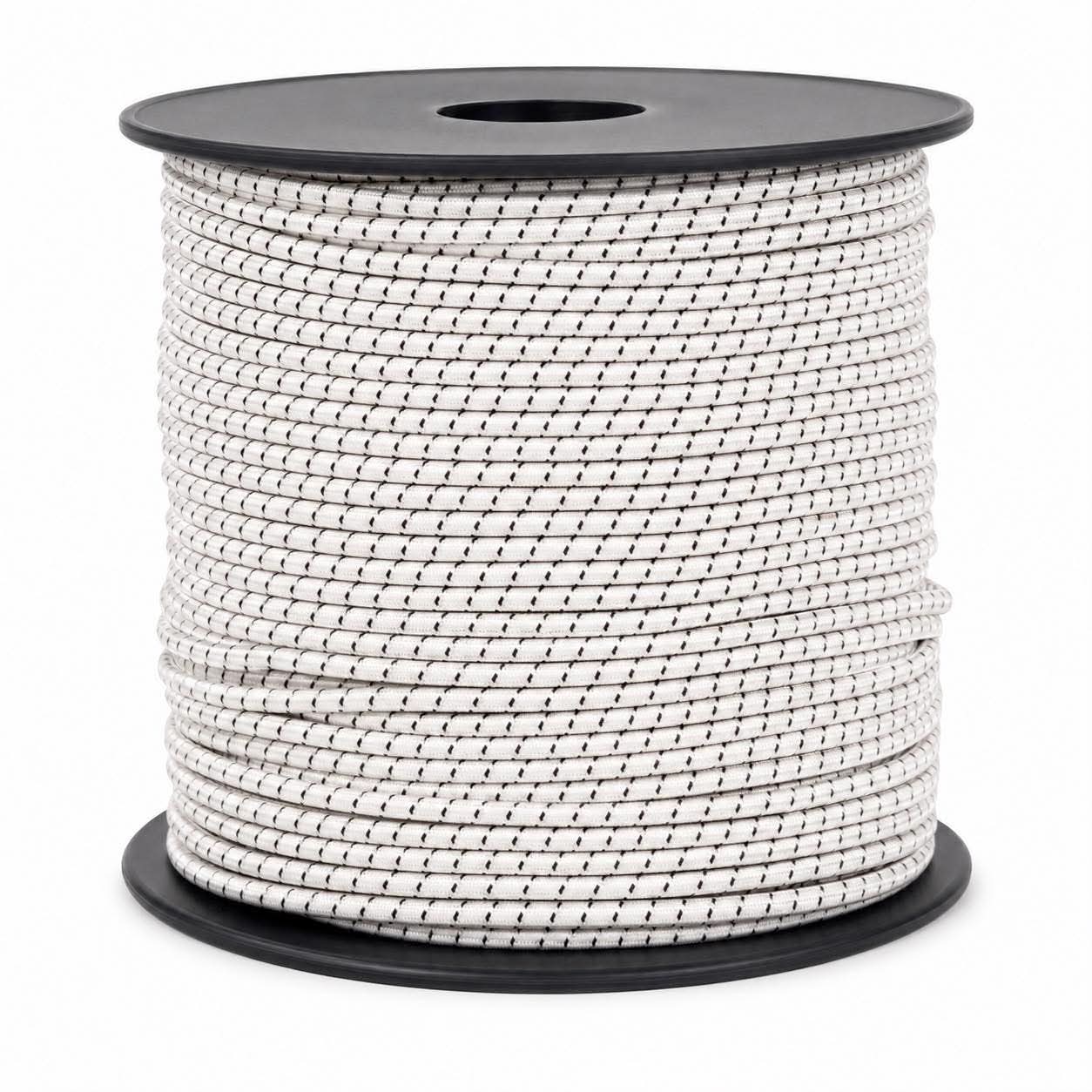 White elastic bungee cord spool with black-striped weave, heavy-duty tie-down