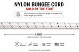 Nylon bungee cord info card showing 1 FOOT length and UV-resistant nylon