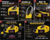 Yellow tow strap with gray loops, black brand label, and small flag patch