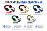 Bungee cord assembly set with hooks in red, blue, green, and yellow